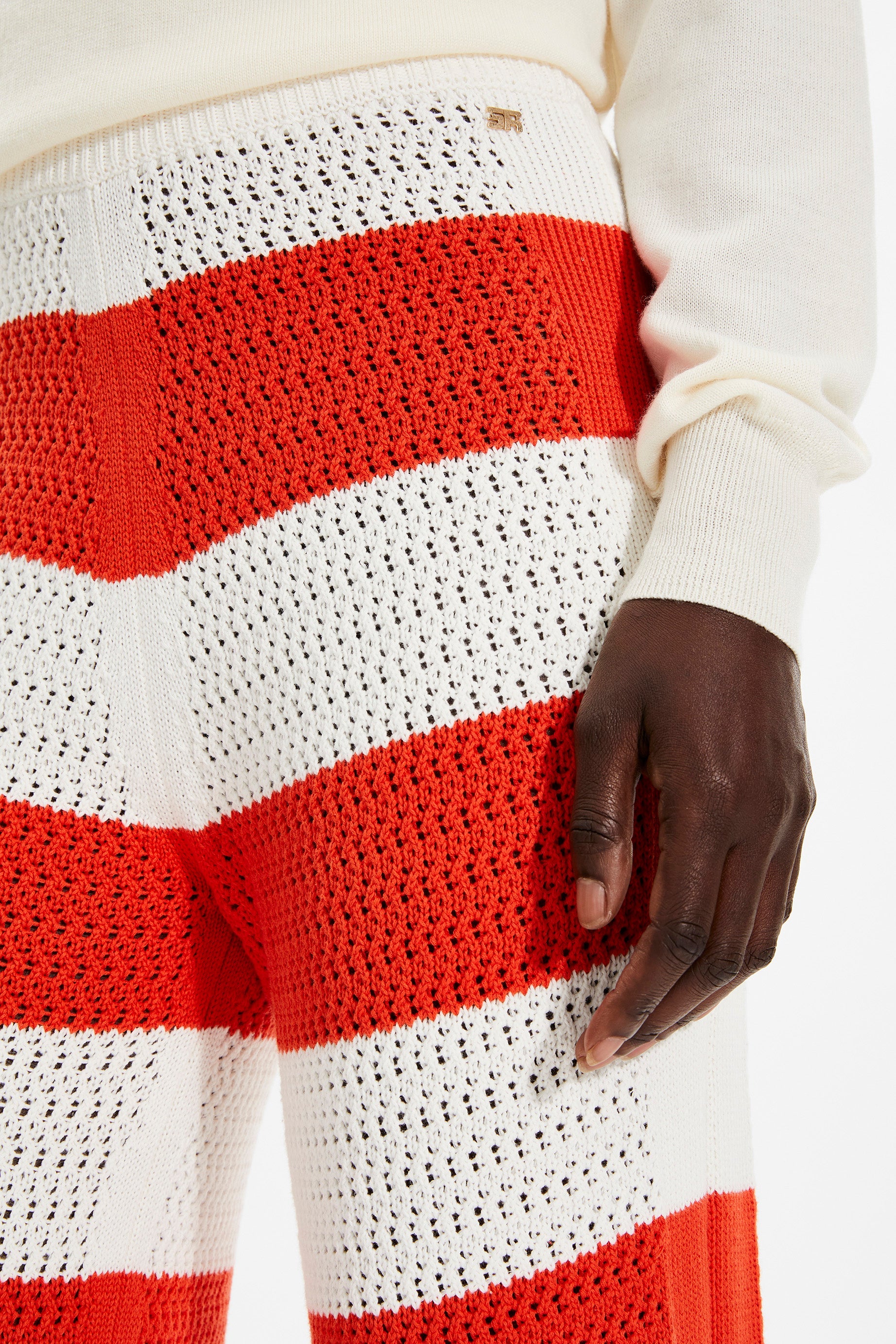 Pantalon ajouré et bicolore rayé - Corail & Écru