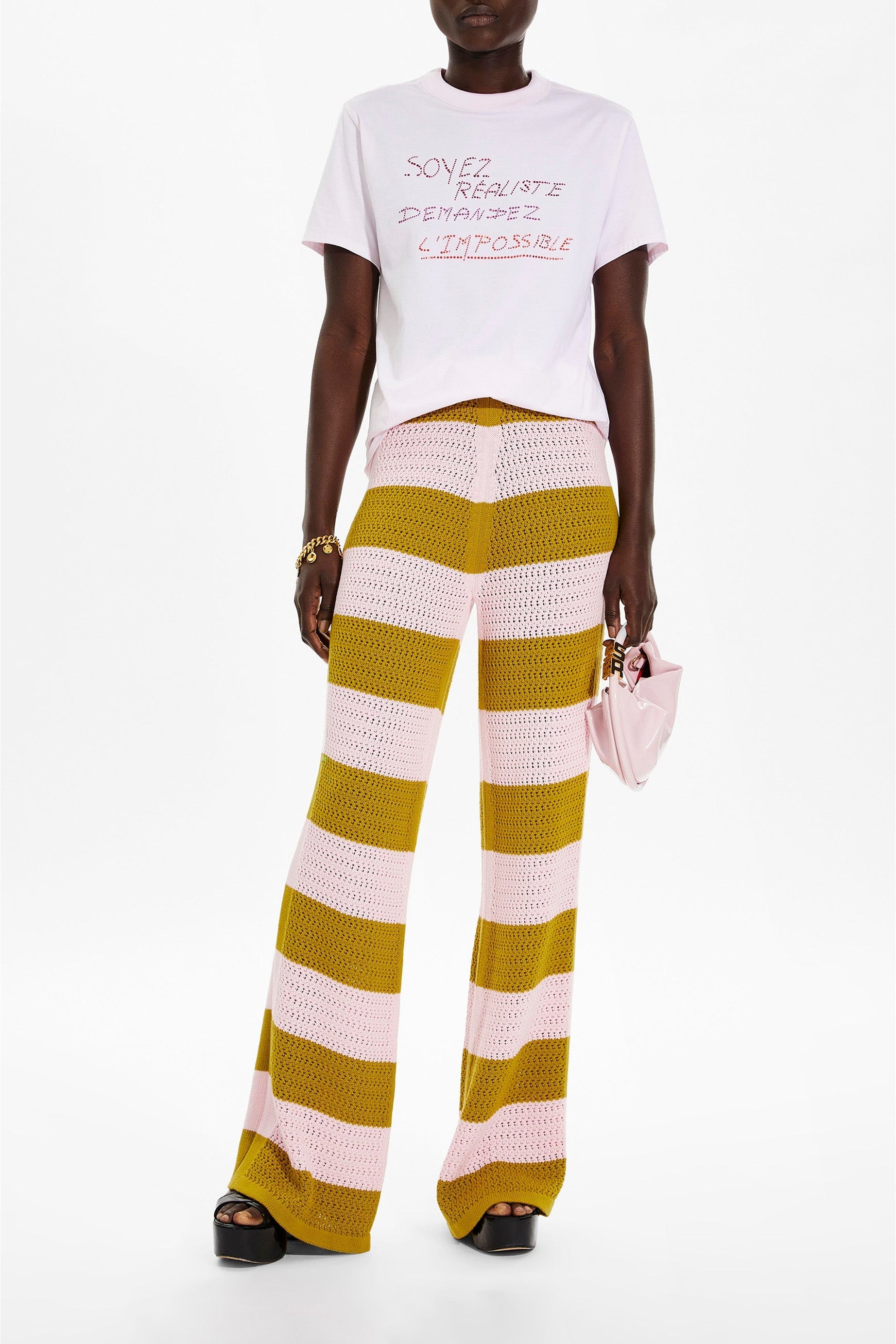Pantalon ajouré et bicolore rayé - Baby Pink & Kaki