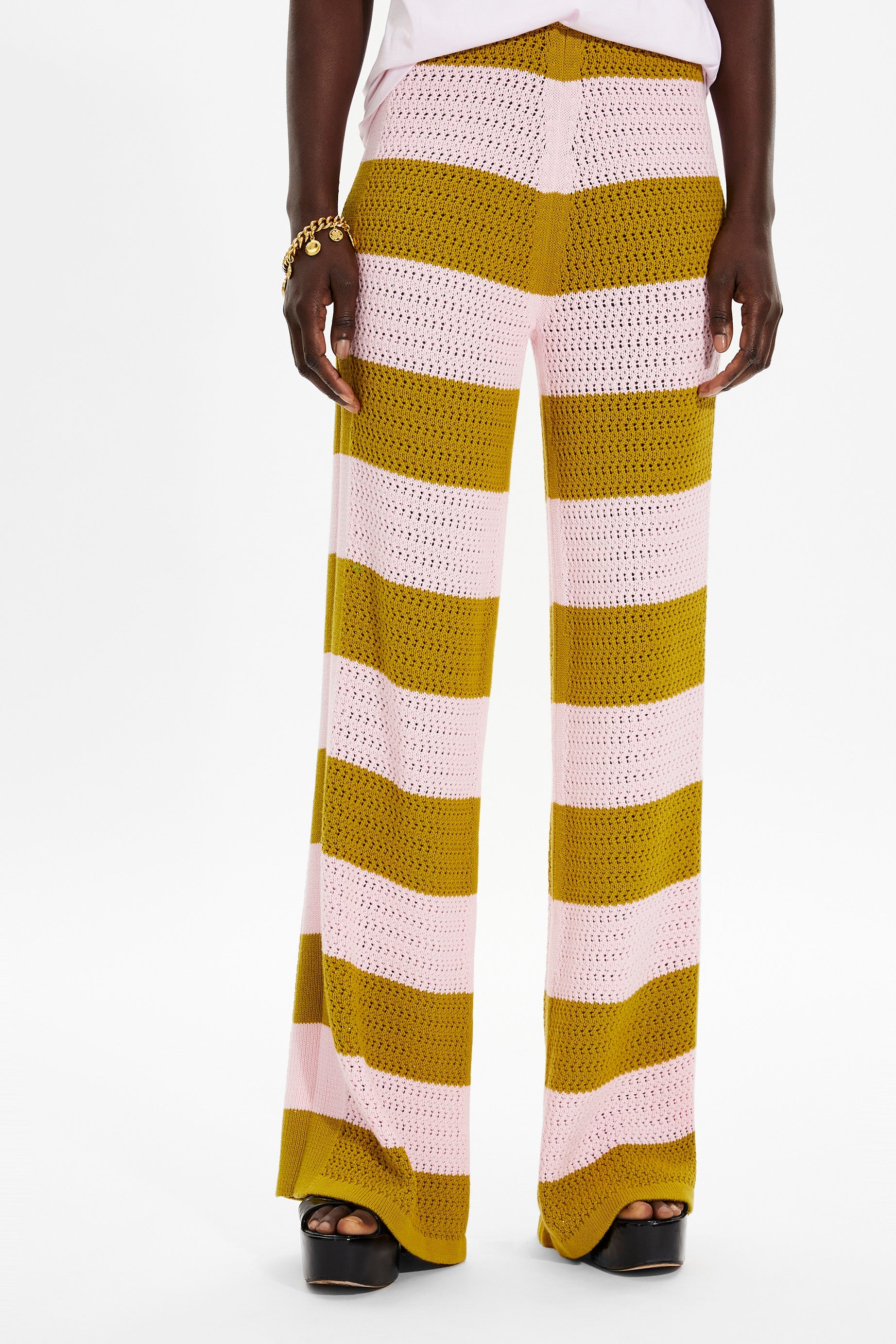 Pantalon ajouré et bicolore rayé - Baby Pink & Kaki