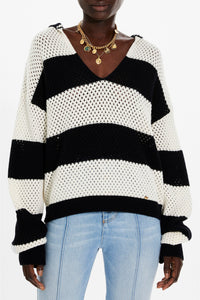 Pull vareuse résille en cachemire - Noir & Écru