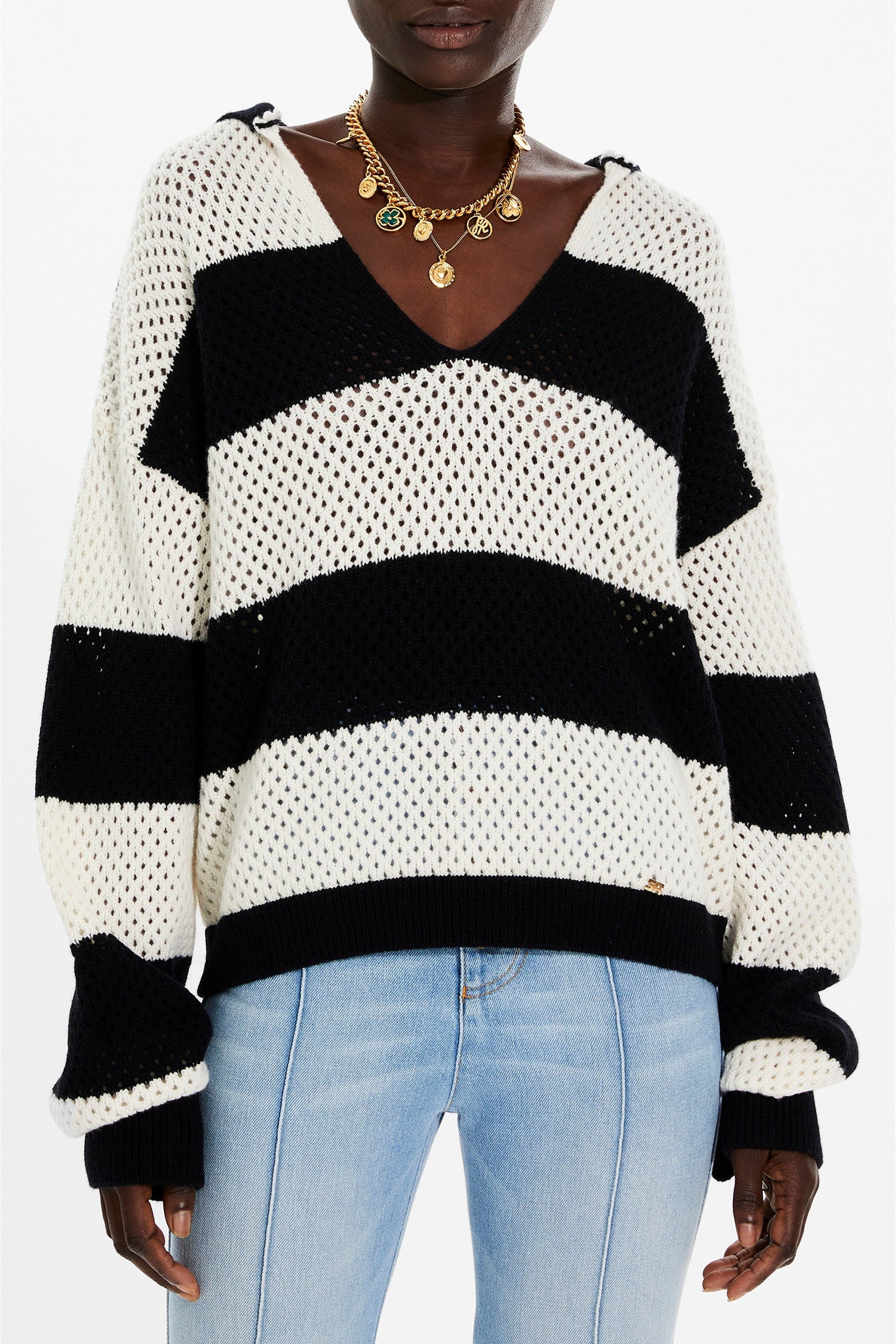 Pull vareuse résille en cachemire - Noir & Écru