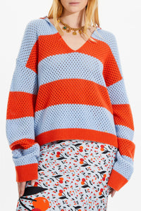 Pull vareuse résille en cachemire - Corail & Baby Blue