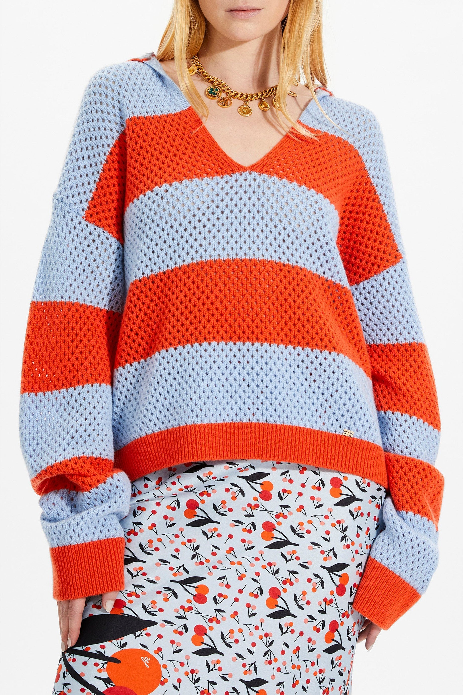 Pull vareuse résille en cachemire - Corail & Baby Blue