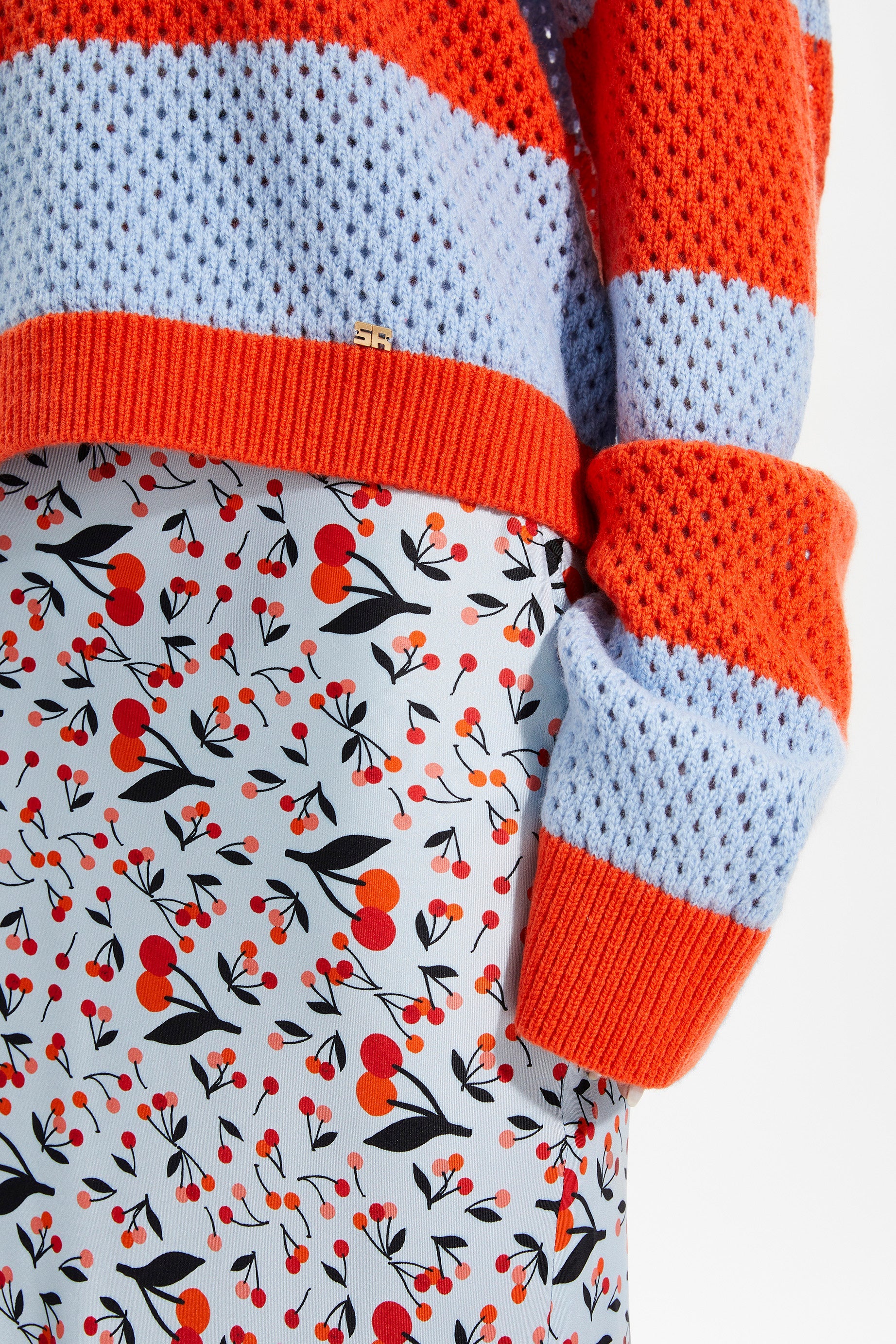 Pull vareuse résille en cachemire - Corail & Baby Blue