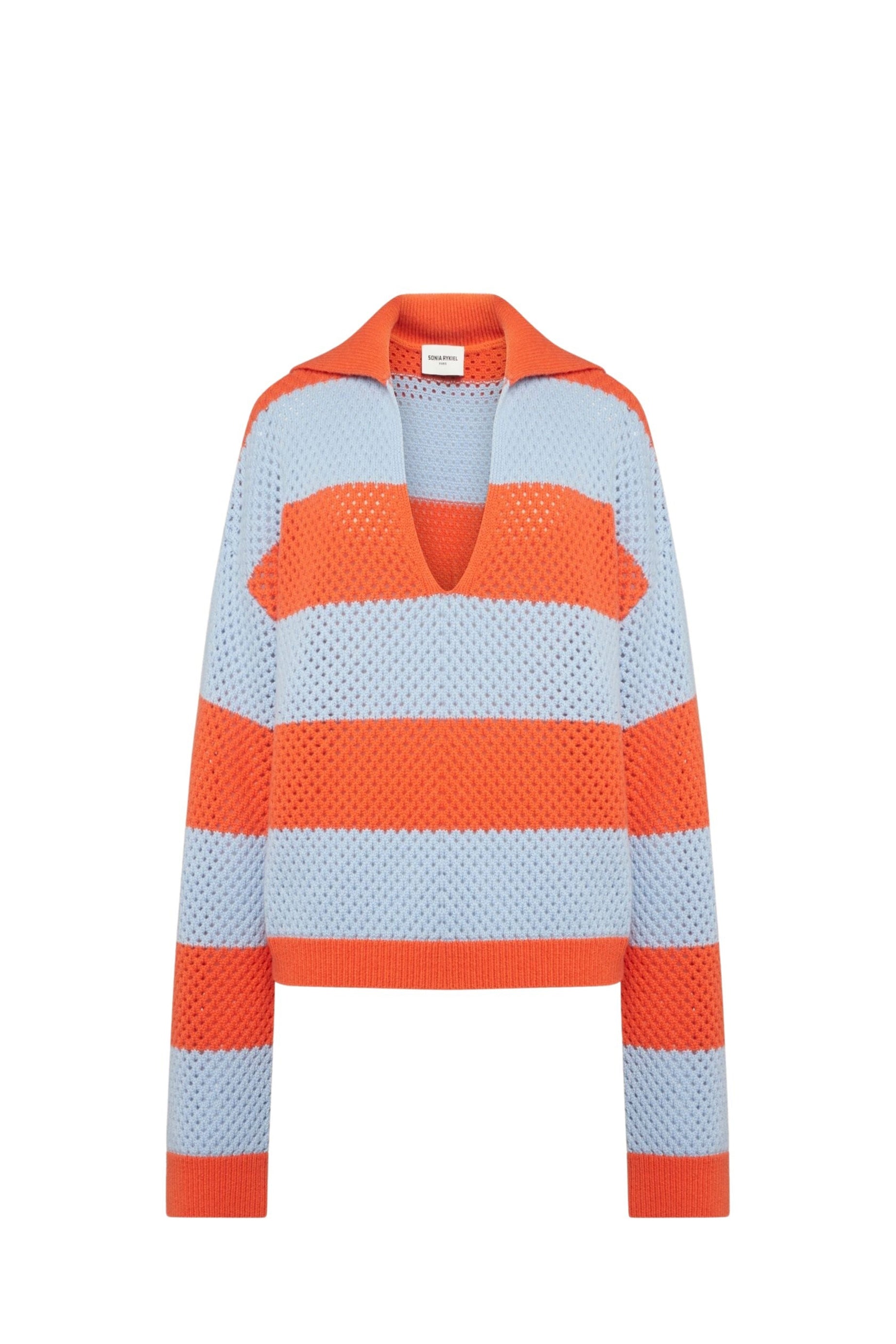 Pull vareuse résille en cachemire - Corail & Baby Blue