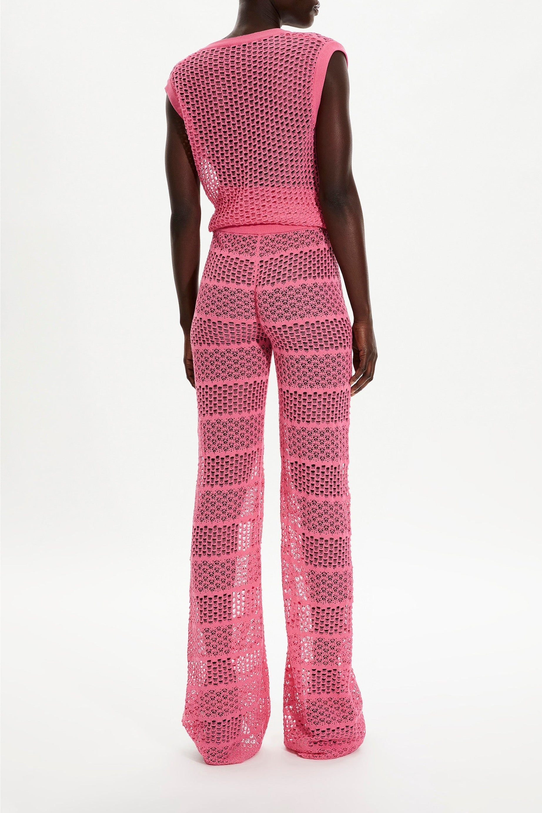 Pantalon rayé à dentelle ajourée - Rose