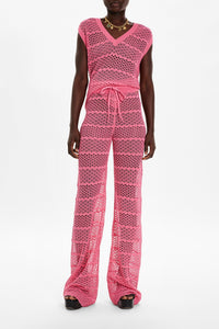Pantalon rayé à dentelle ajourée - Rose
