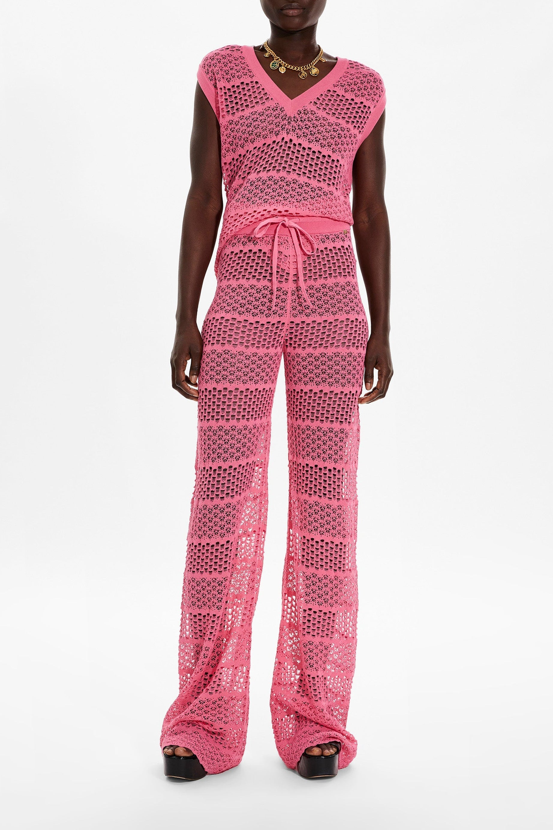 Pantalon rayé à dentelle ajourée - Rose