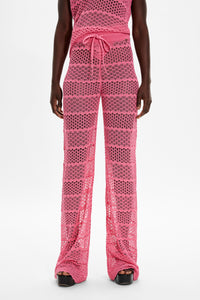Pantalon rayé à dentelle ajourée - Rose