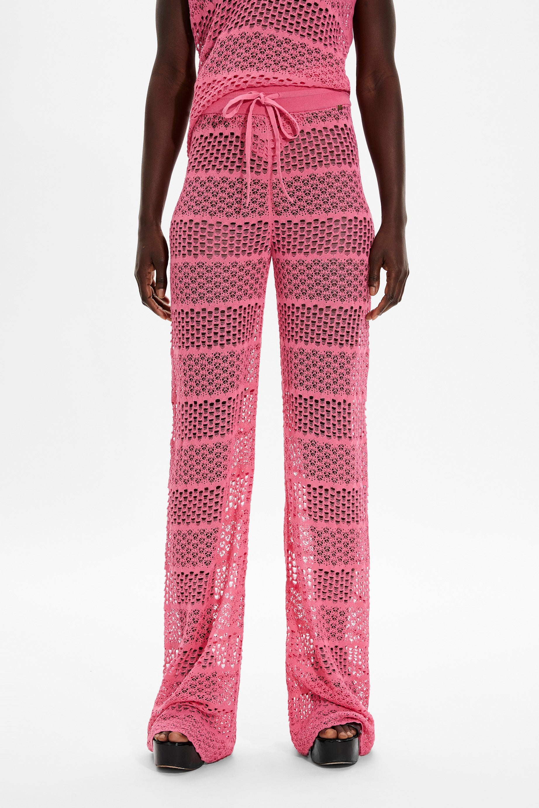 Pantalon rayé à dentelle ajourée - Rose
