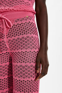 Pantalon rayé à dentelle ajourée - Rose