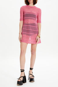 Robe courte rayée dentelle ajourée - Rose