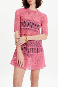 Robe courte rayée dentelle ajourée - Rose