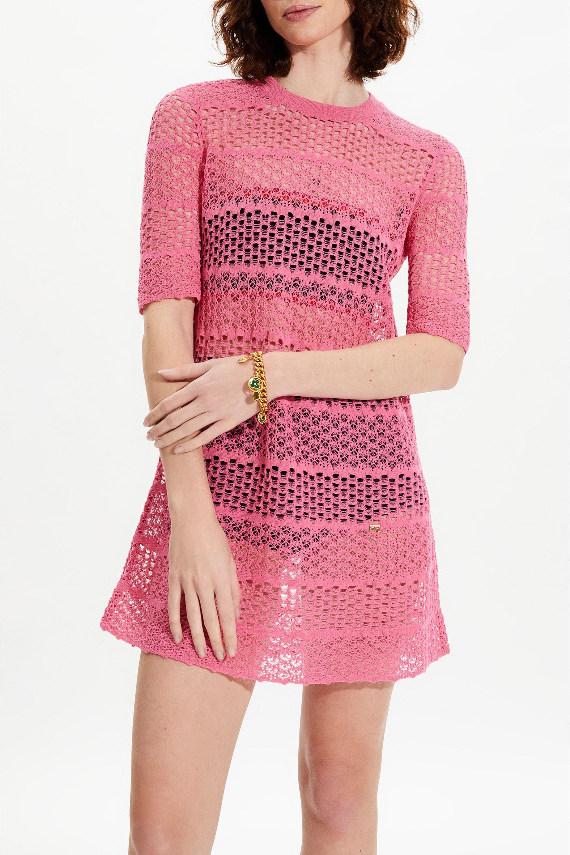 Robe courte rayée dentelle ajourée - Rose