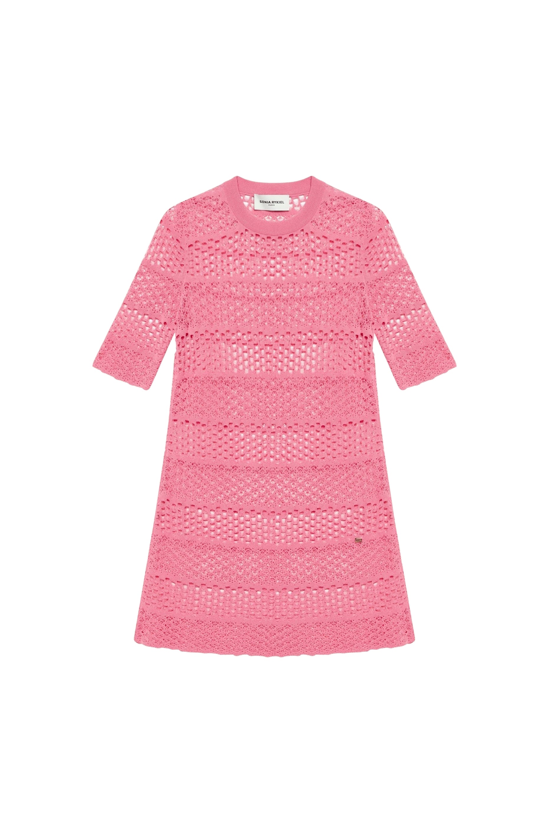 Robe courte rayée dentelle ajourée - Rose