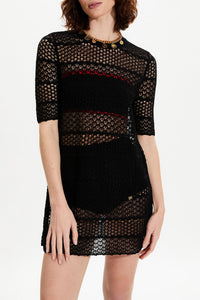 Robe courte rayée dentelle ajourée - Noir