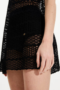 Robe courte rayée dentelle ajourée - Noir
