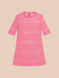 Robe courte rayée dentelle ajourée - Rose