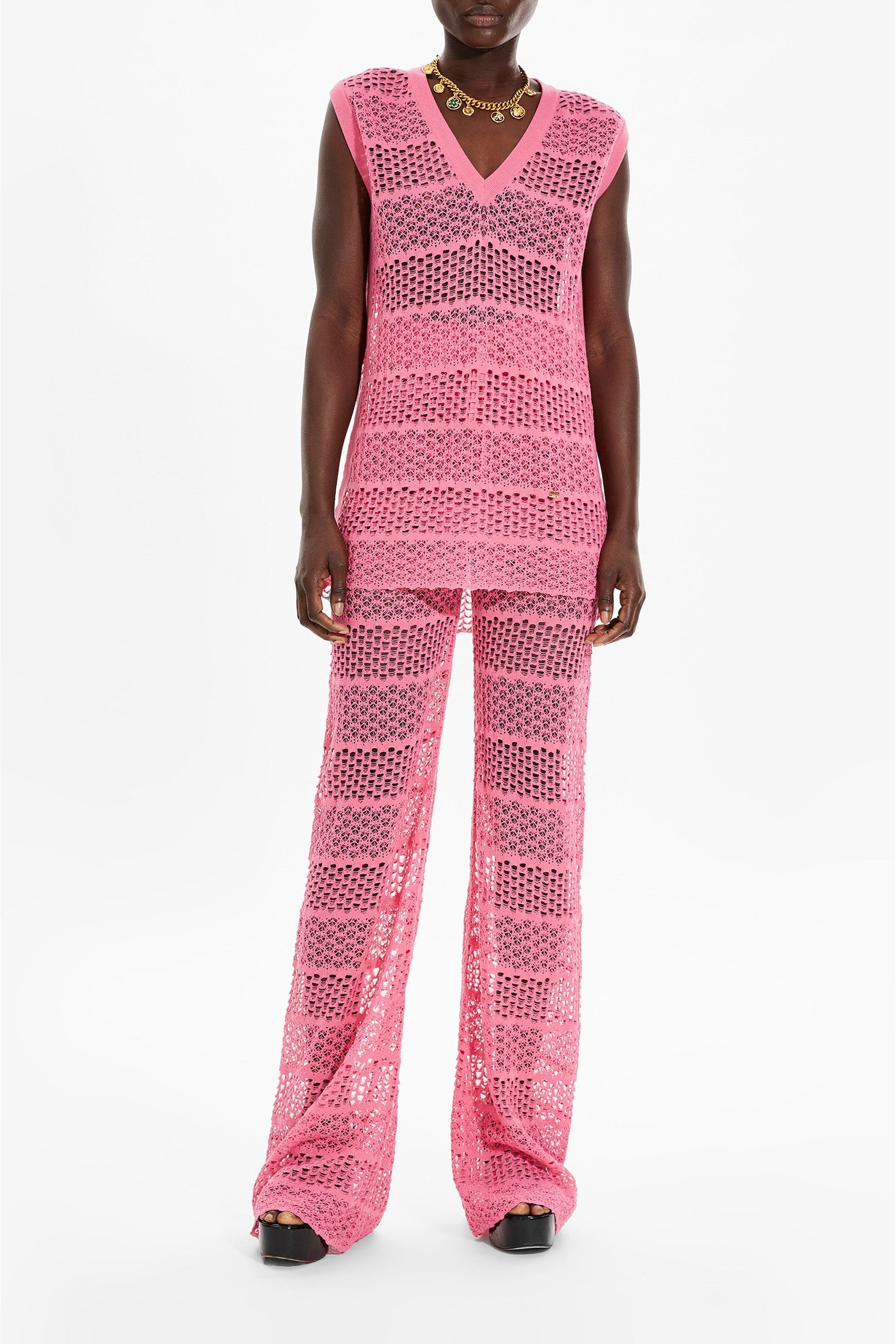 Débardeur rayé dentelle ajourée - Rose