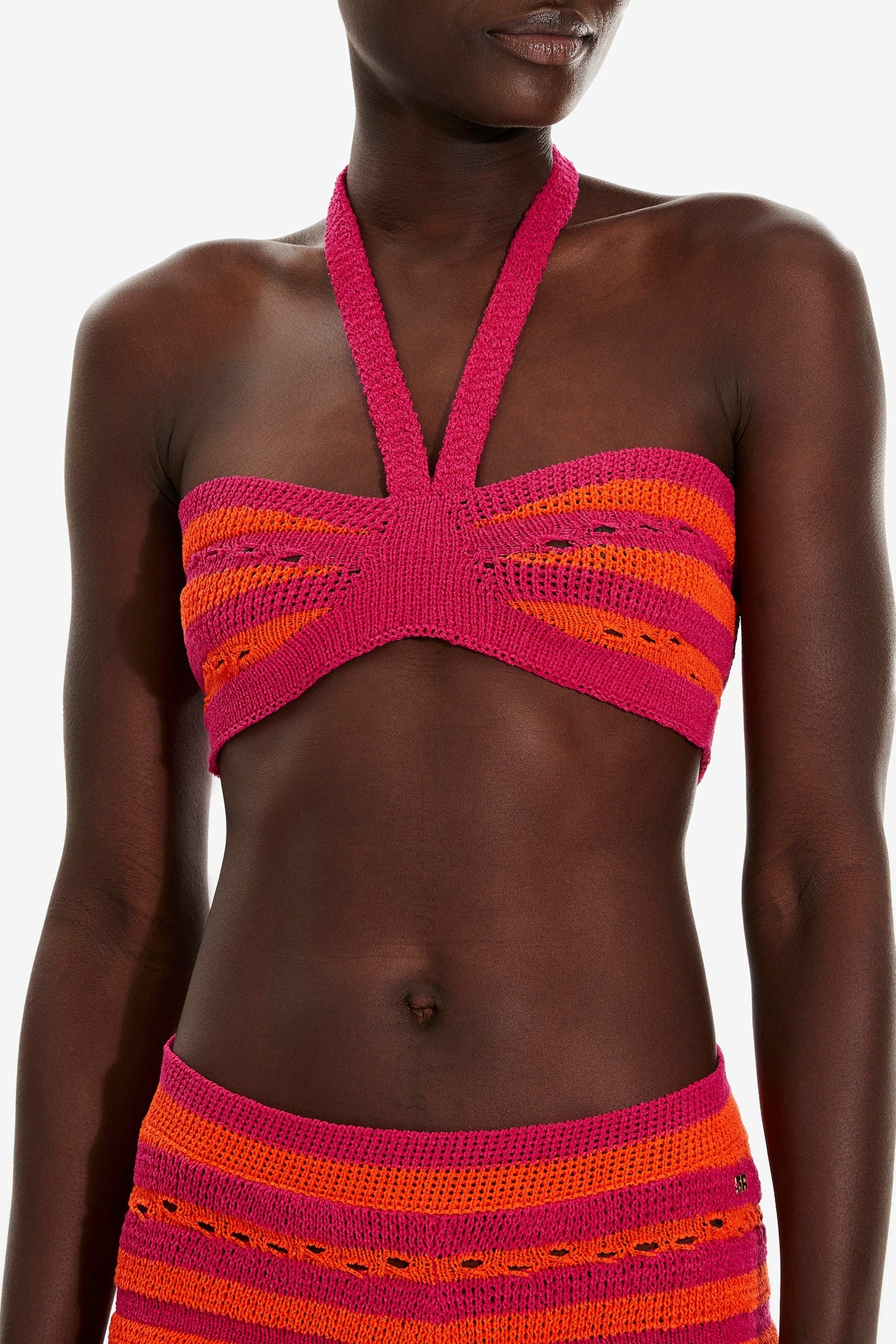Brassière rayée ajourée - Fuchsia & Corail