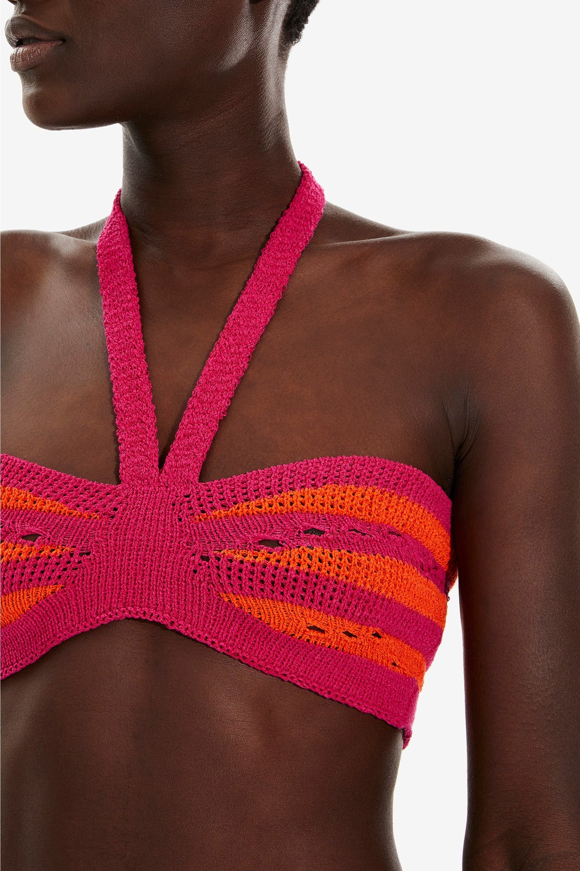 Brassière rayée ajourée - Fuchsia & Corail