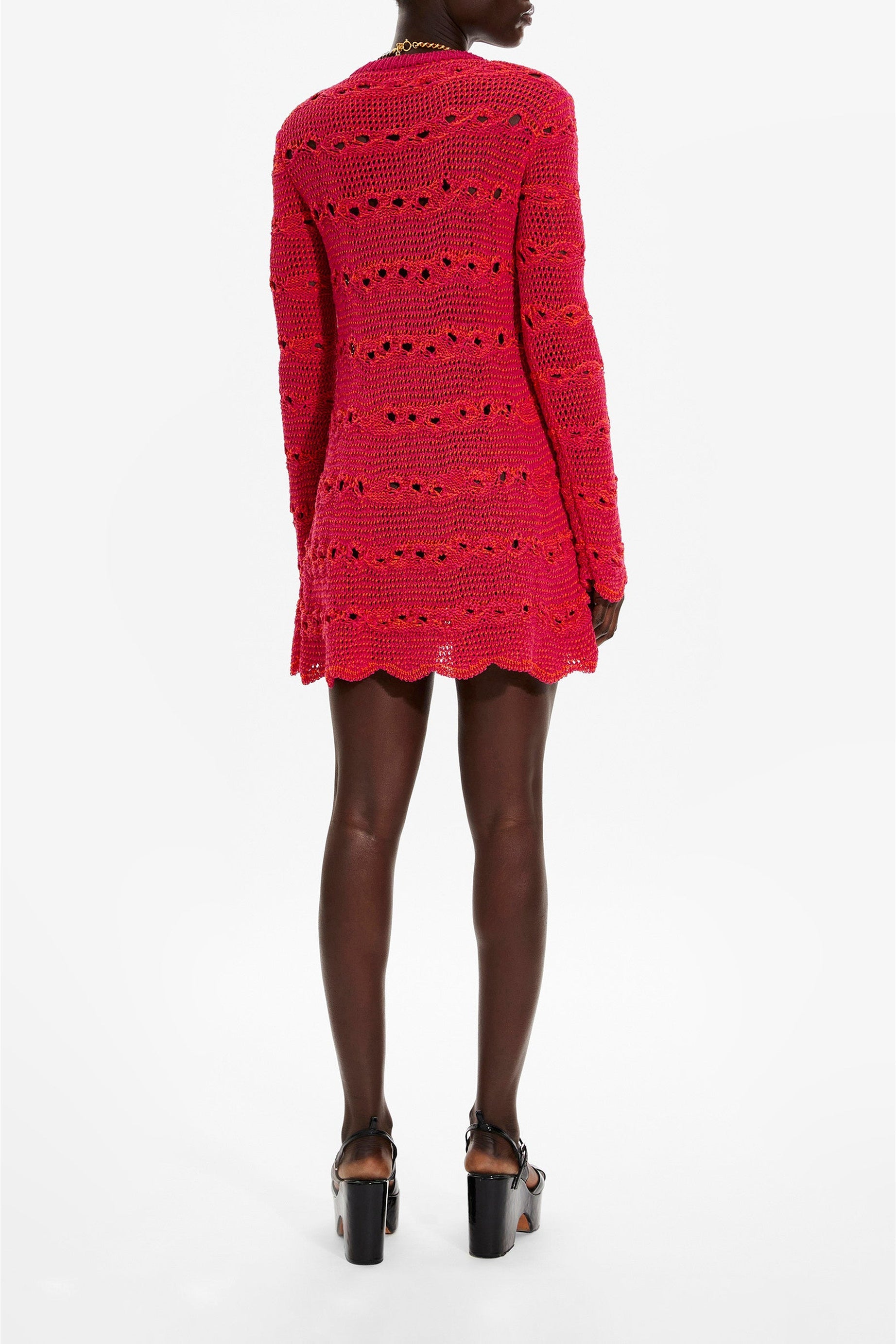 Robe courte rayée ajourée - Fuchsia & Corail