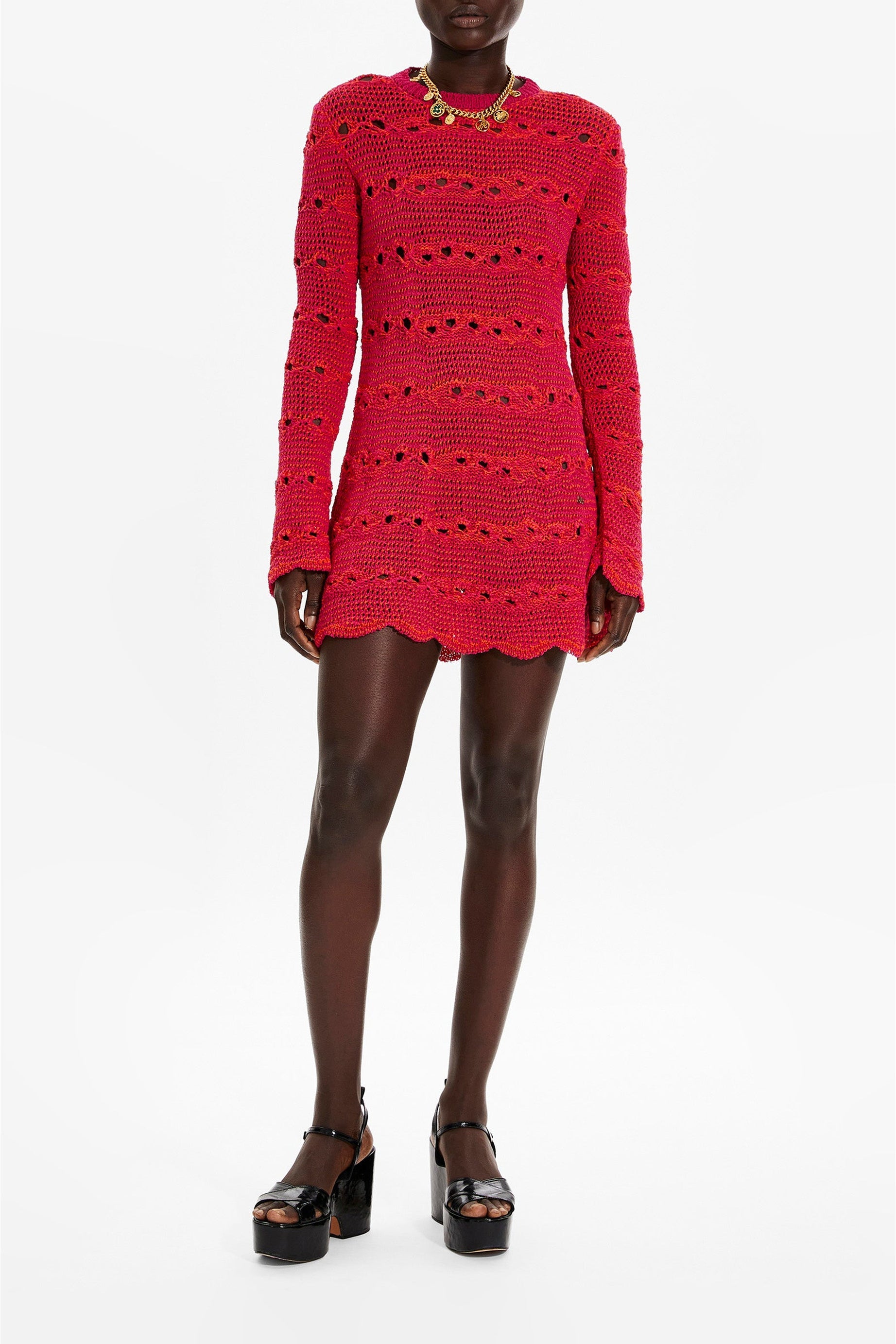 Robe courte rayée ajourée - Fuchsia & Corail