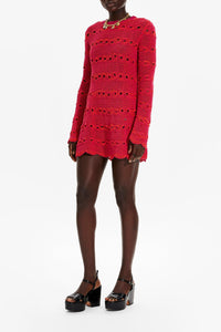 Robe courte rayée ajourée - Fuchsia & Corail