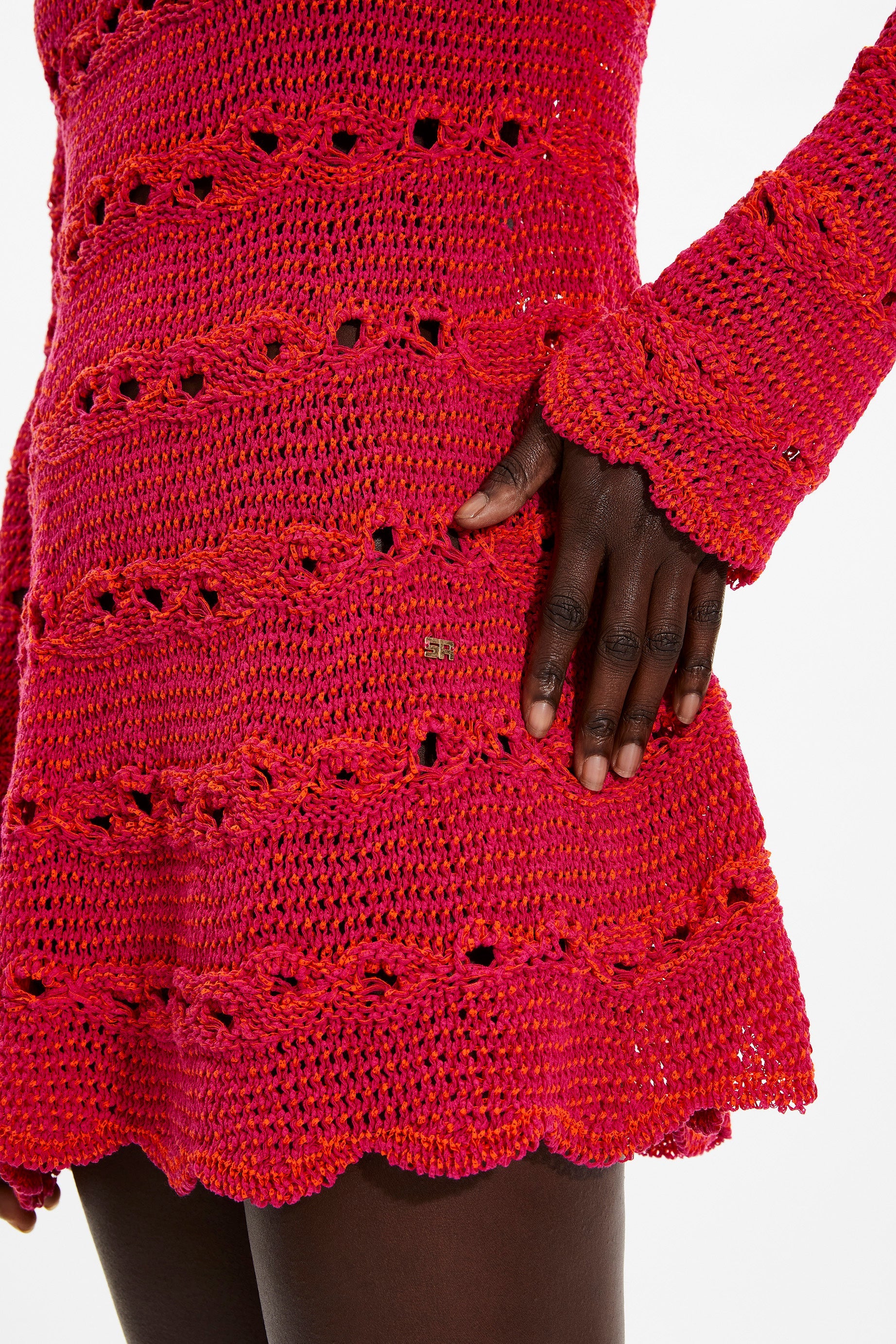 Robe courte rayée ajourée - Fuchsia & Corail
