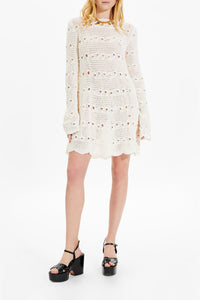 Robe courte rayée ajourée - Écru & Blanc