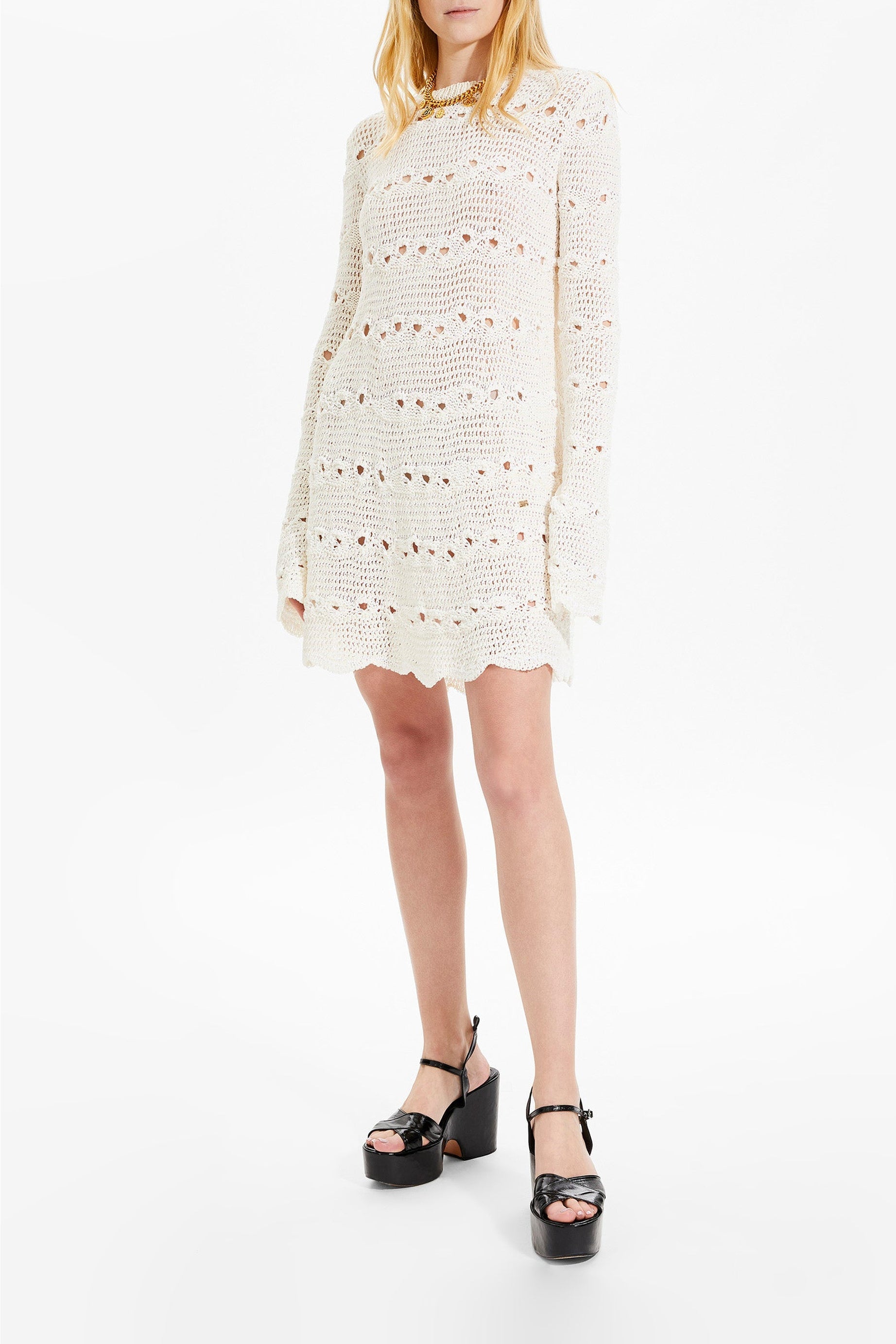 Robe courte rayée ajourée - Écru & Blanc