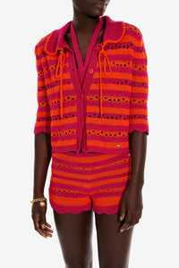 Gilet court rayé ajouré - Fuchsia & Corail