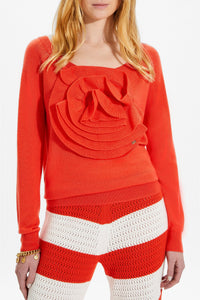 Pull motifs fleurs en laine - Corail