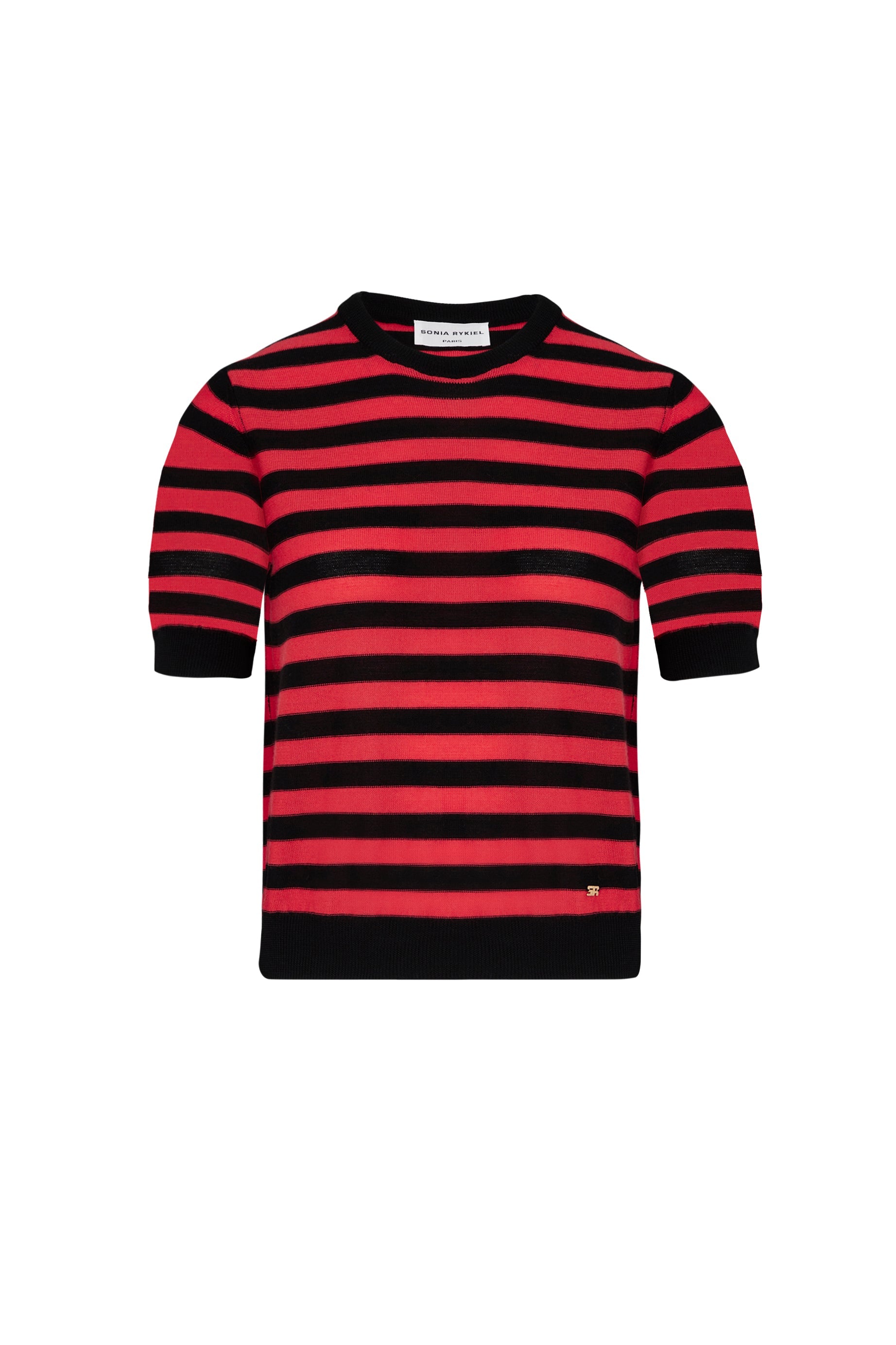 Pull Poor Boy rayé à manches courtes en laine - Noir & Corail
