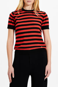 Pull Poor Boy rayé à manches courtes en laine - Noir & Corail