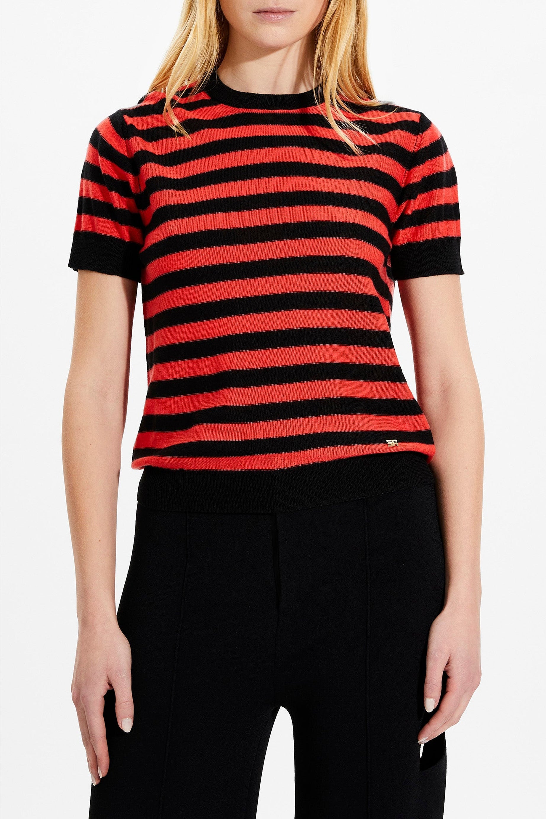 Pull Poor Boy rayé à manches courtes en laine - Noir & Corail