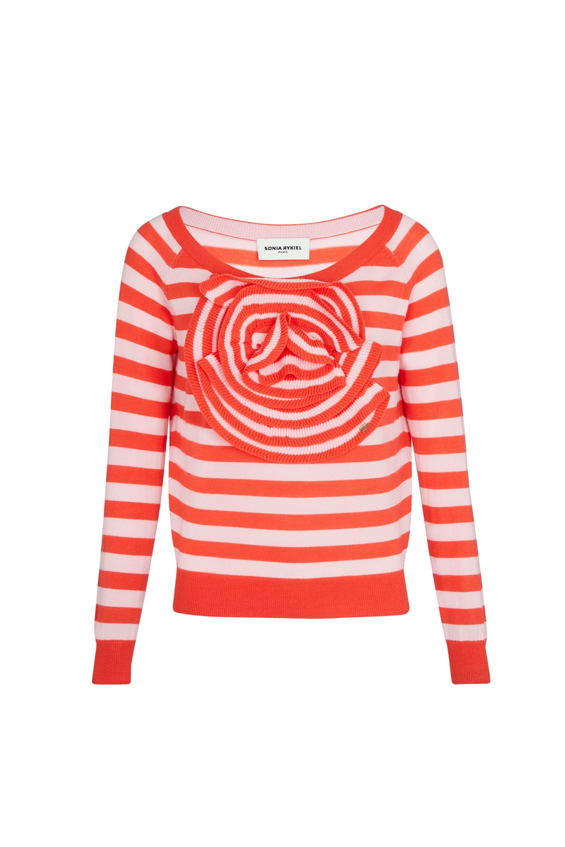 Pull à motifs fleurs rayé en laine - Corail & Baby Pink