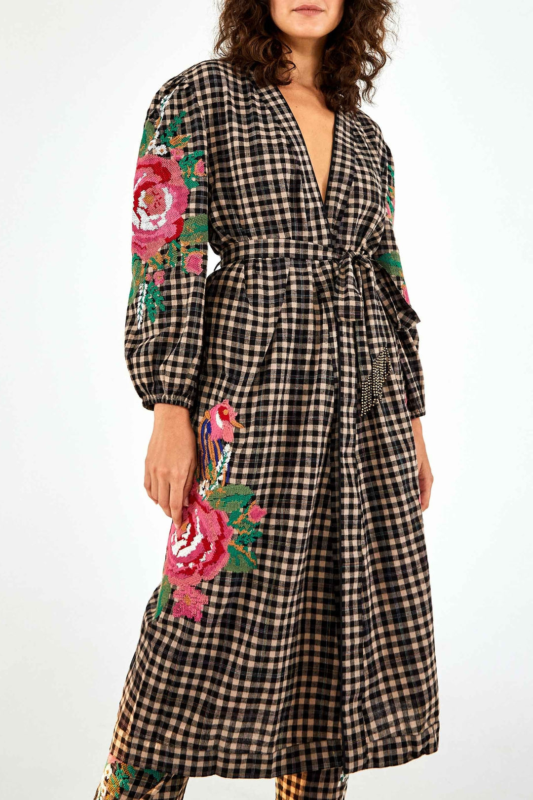 Kimono brodé au point de croix Coq en lin mélangé - Noir
