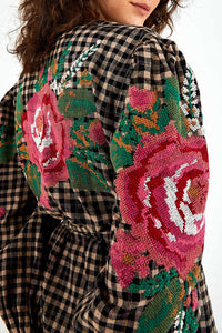 Kimono brodé au point de croix Coq en lin mélangé - Noir