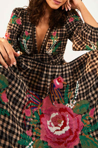 Robe longue brodée Rooster Cross Stitch en lin mélangé - Multicolore