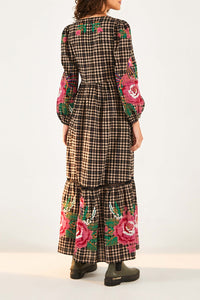 Robe longue brodée Rooster Cross Stitch en lin mélangé - Multicolore