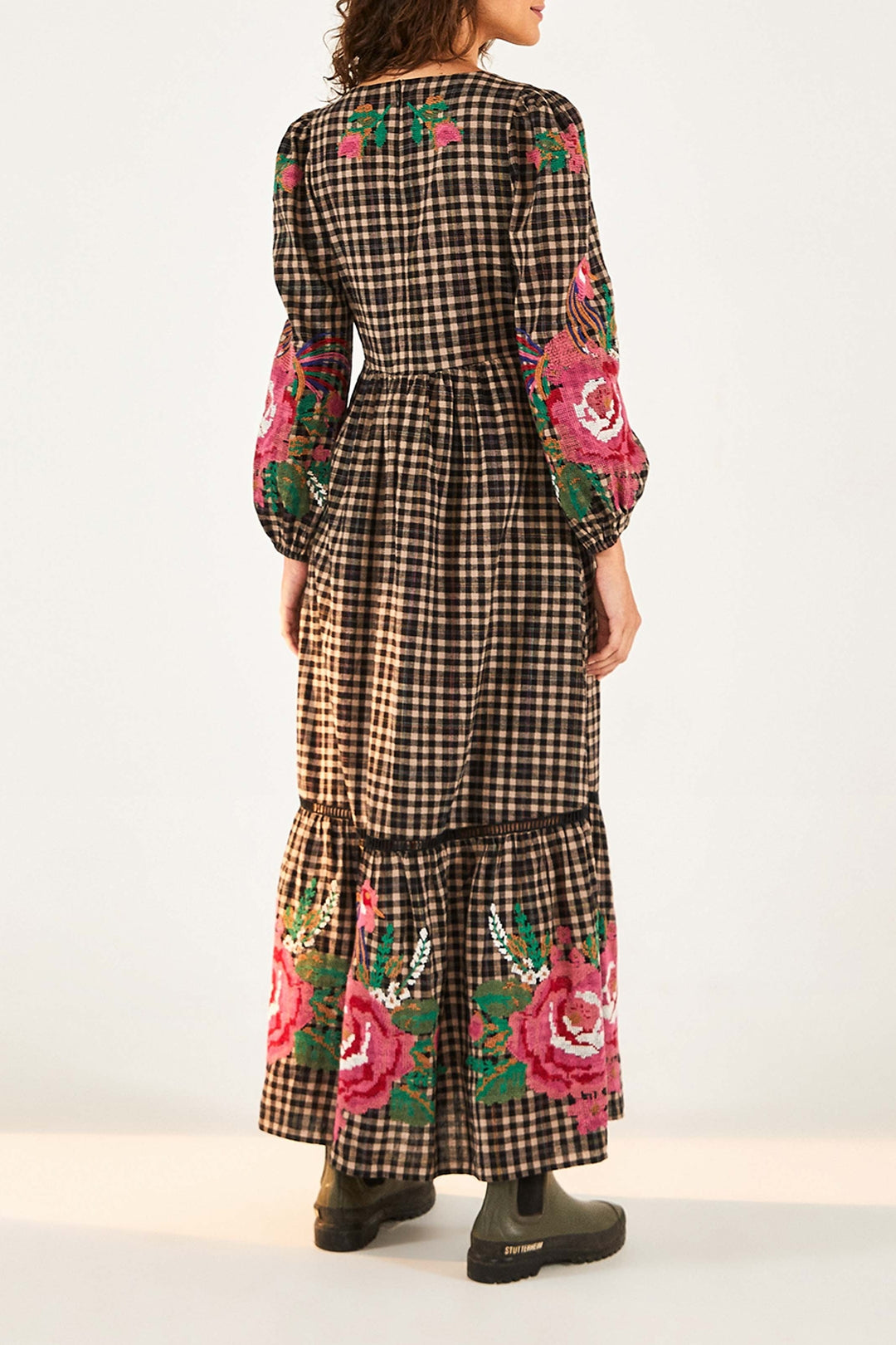 Robe longue brodée Rooster Cross Stitch en lin mélangé - Multicolore