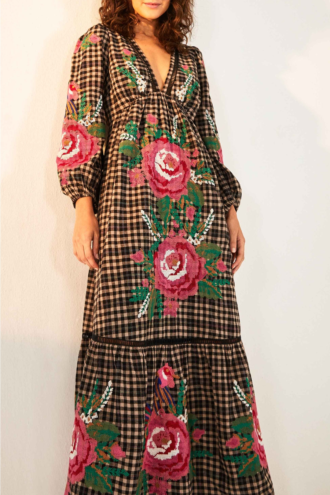 Robe longue brodée Rooster Cross Stitch en lin mélangé - Multicolore