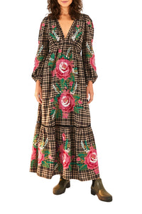 Robe longue brodée Rooster Cross Stitch en lin mélangé - Multicolore