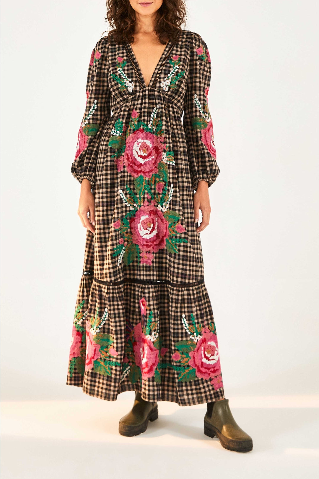 Robe longue brodée Rooster Cross Stitch en lin mélangé - Multicolore