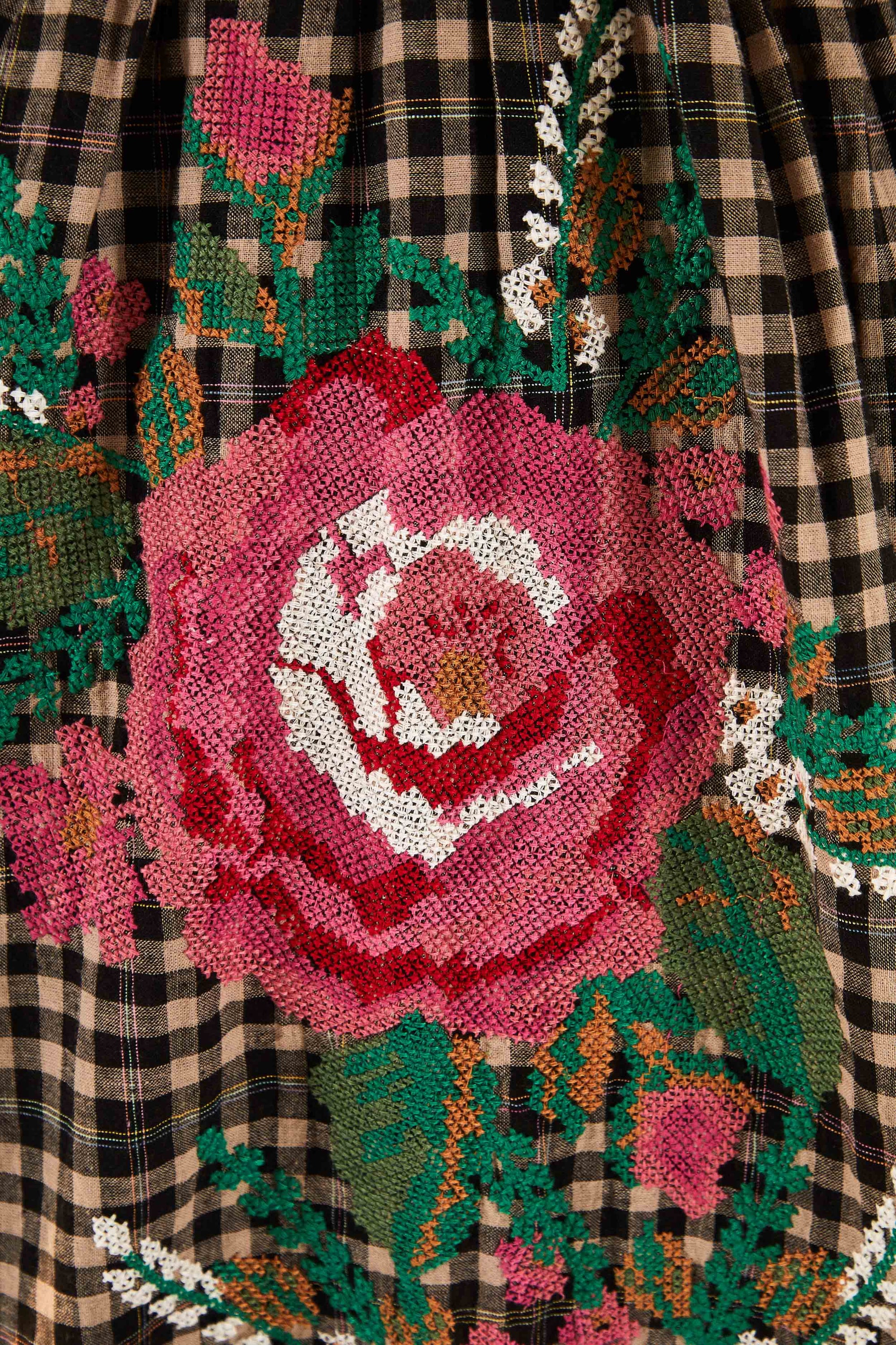 Robe longue brodée Rooster Cross Stitch en lin mélangé - Multicolore