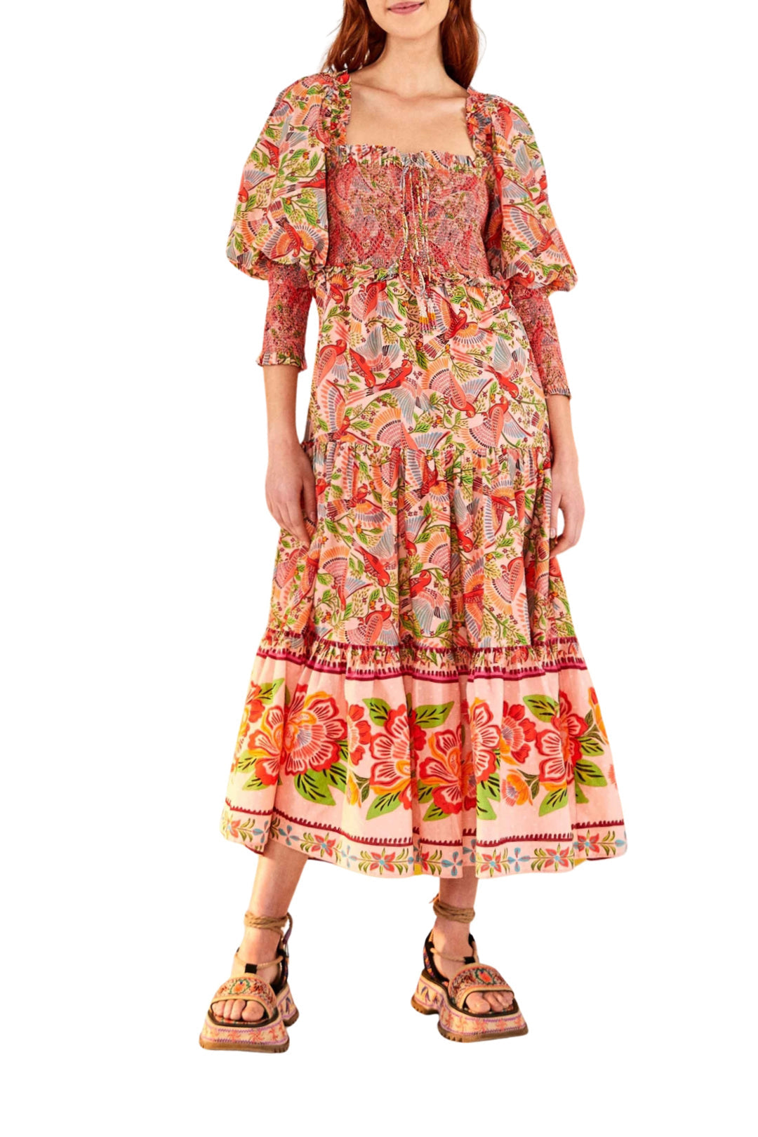 Robe midi Macaw Flight à manches bouffantes en coton - Rose