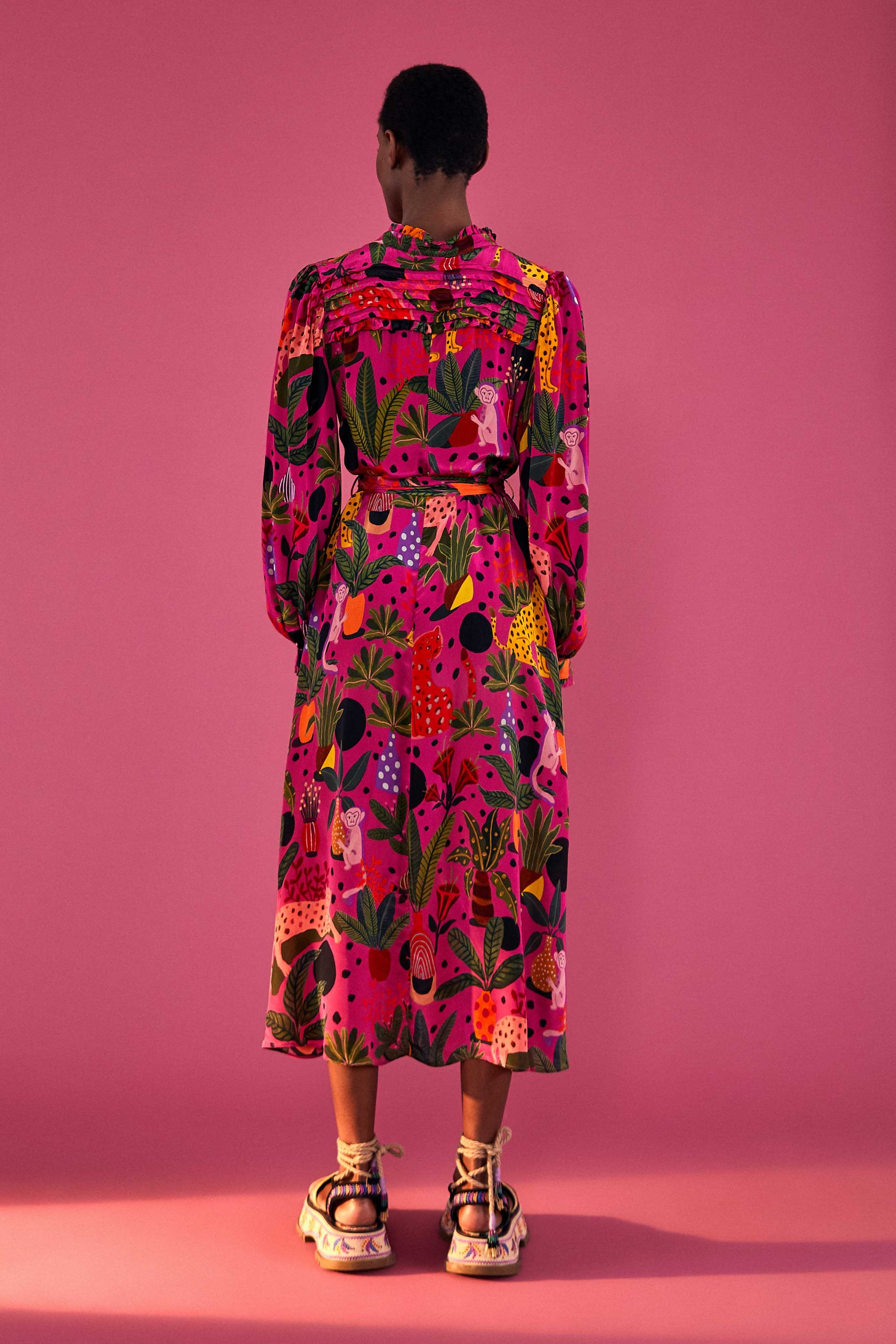 Robe midi chemise Léopards pop - Rose