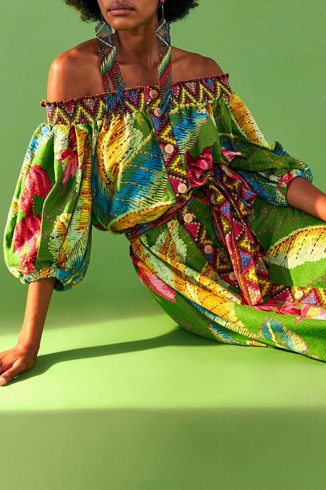 Robe midi Banana Leaves à épaules dénudées en lin - Vert