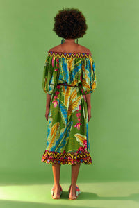Robe midi Banana Leaves à épaules dénudées en lin - Vert